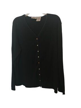 Worthington Size 1X Black Cardigan Cotton Blend Satin Trim V-Neck Button #D49